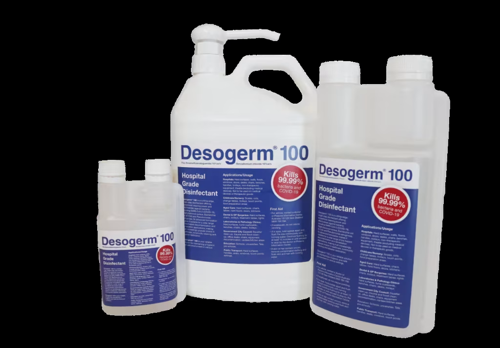 Desogerm 100 250ml, 1 litre and 5 litre hospital-grade disinfectant bottles